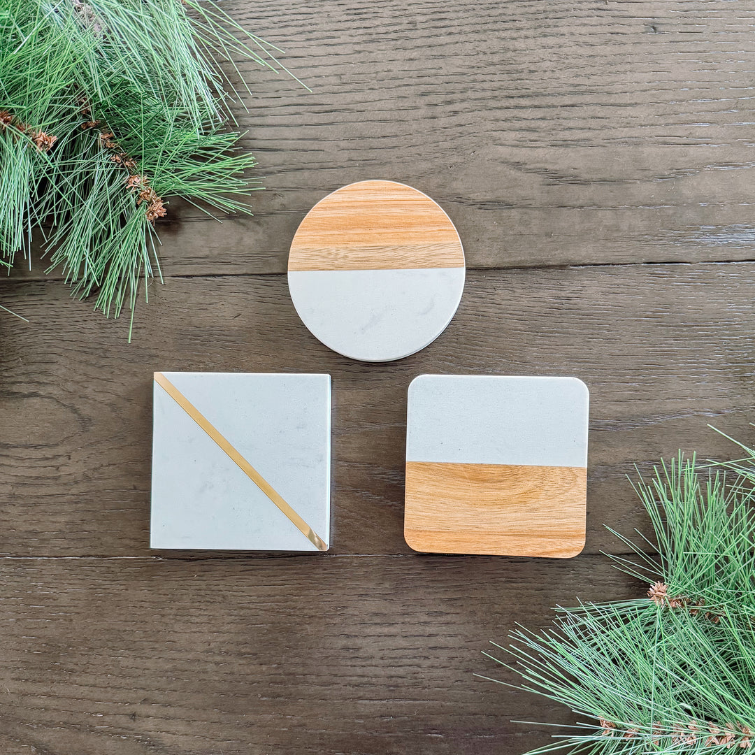Square Marble with Brass Inlay Coasters, Set of 4