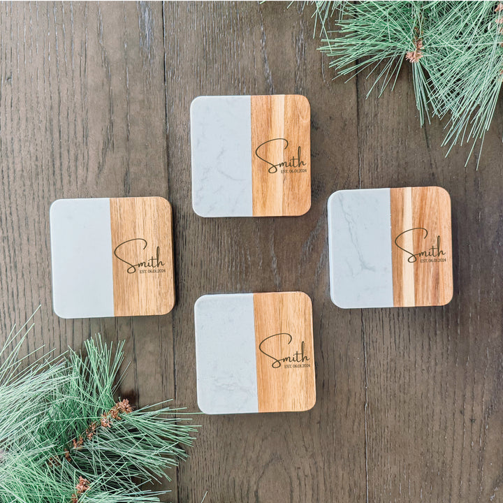 Personized Gift Acacia & Marble Coasters, Set of 4