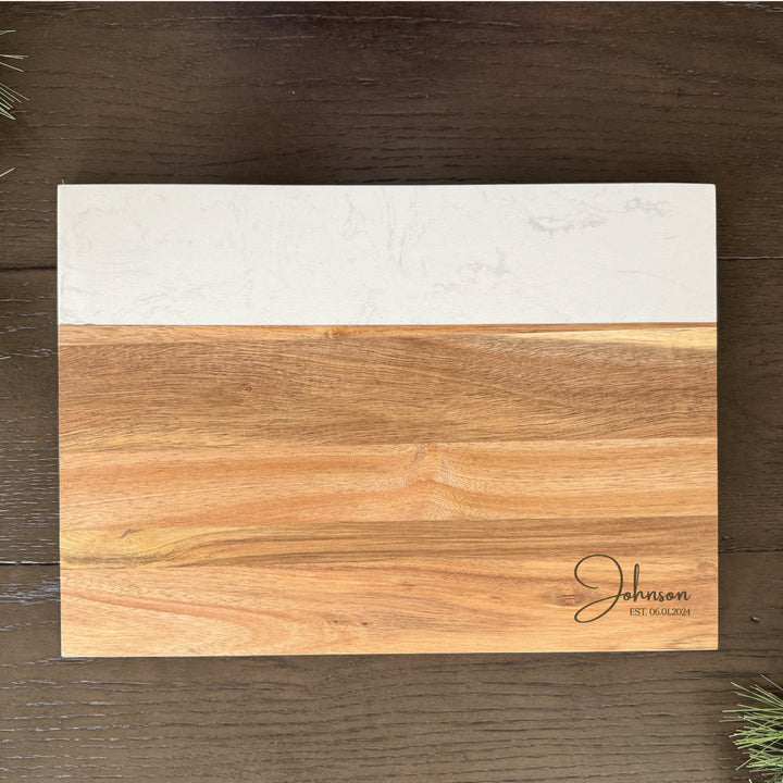 Personalized Gift Marble + Acacia Serving Board, 14" x 10"