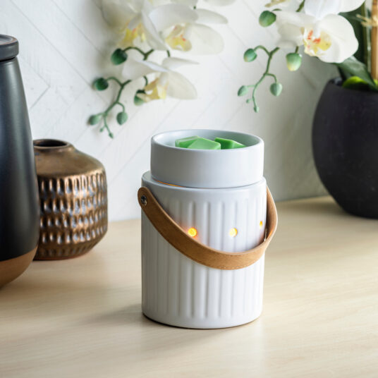 Ribbed White Illuminated Fragrance Warmer with Leather Handle