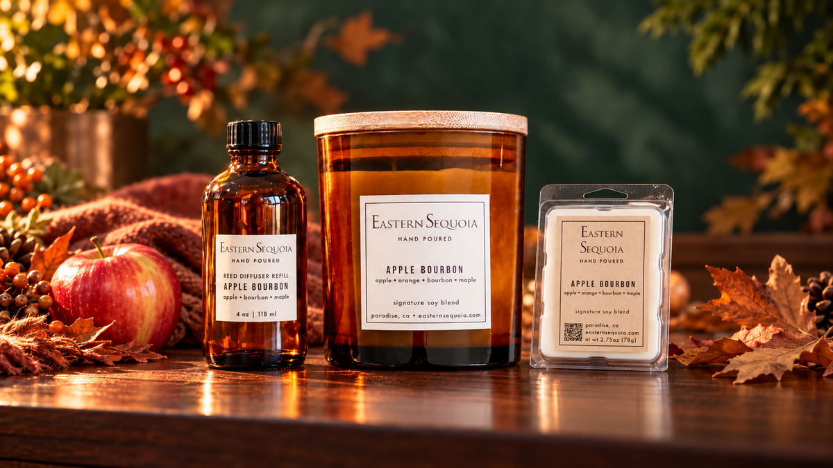 Cozy fall fragrance collection with Apple Bourbon candle, reed diffuser, wax melts, and autumn decor by Eastern Sequoia