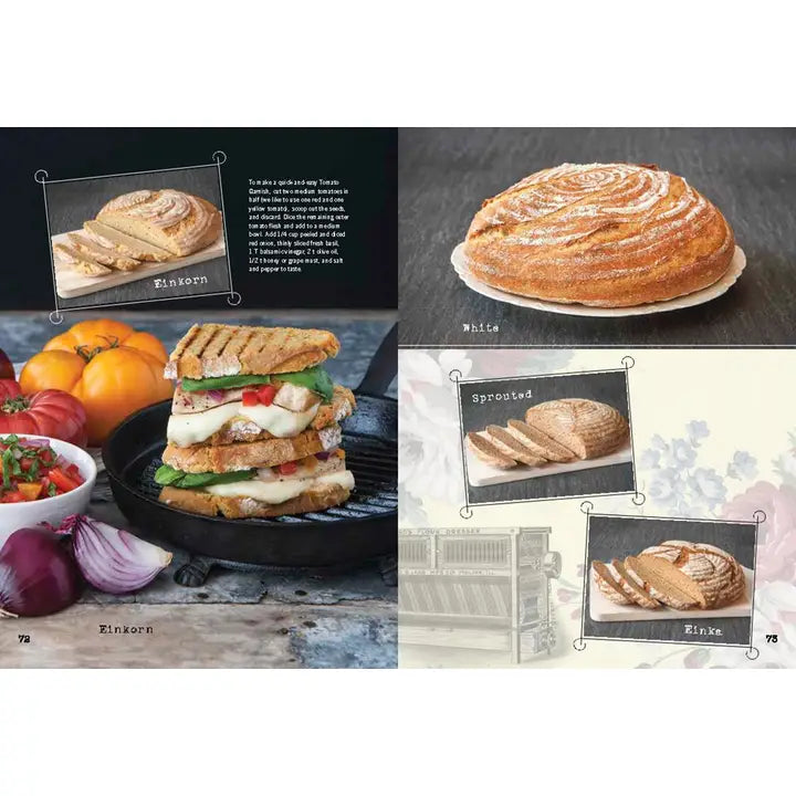 A collage-style food page showing several breads and sandwiches: a sliced toasted sandwich with vegetables, a round cinnamon-style bread on a plate, and two labeled bread samples (&