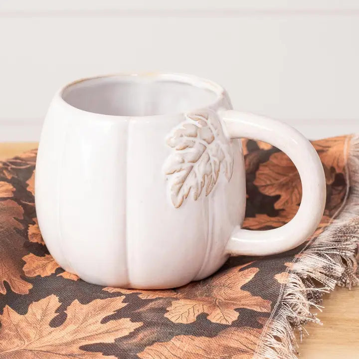 White Pumpkin Stoneware Mug with Leaf Detail