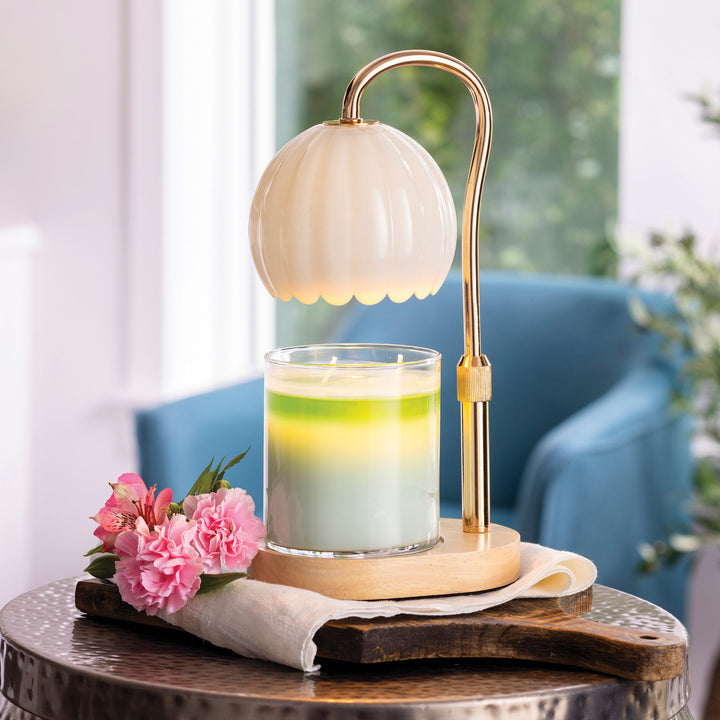 Vintage-Inspired Milk Glass Candle Warmer Lamp with Wood Base