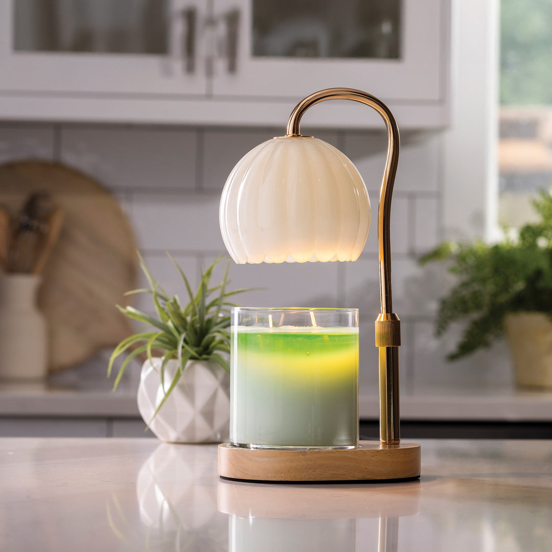 Vintage-Inspired Milk Glass Candle Warmer Lamp with Wood Base