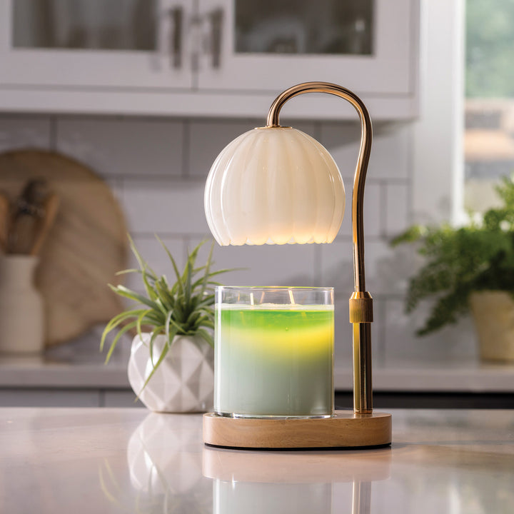 Vintage-Inspired Milk Glass Candle Warmer Lamp with Wood Base