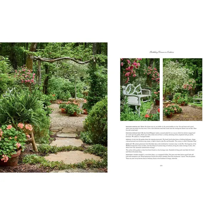 A printed garden-themed page spread with a large photo of a lush garden path on the left and a smaller two-photo article layout on the right, likely from a magazine or book.