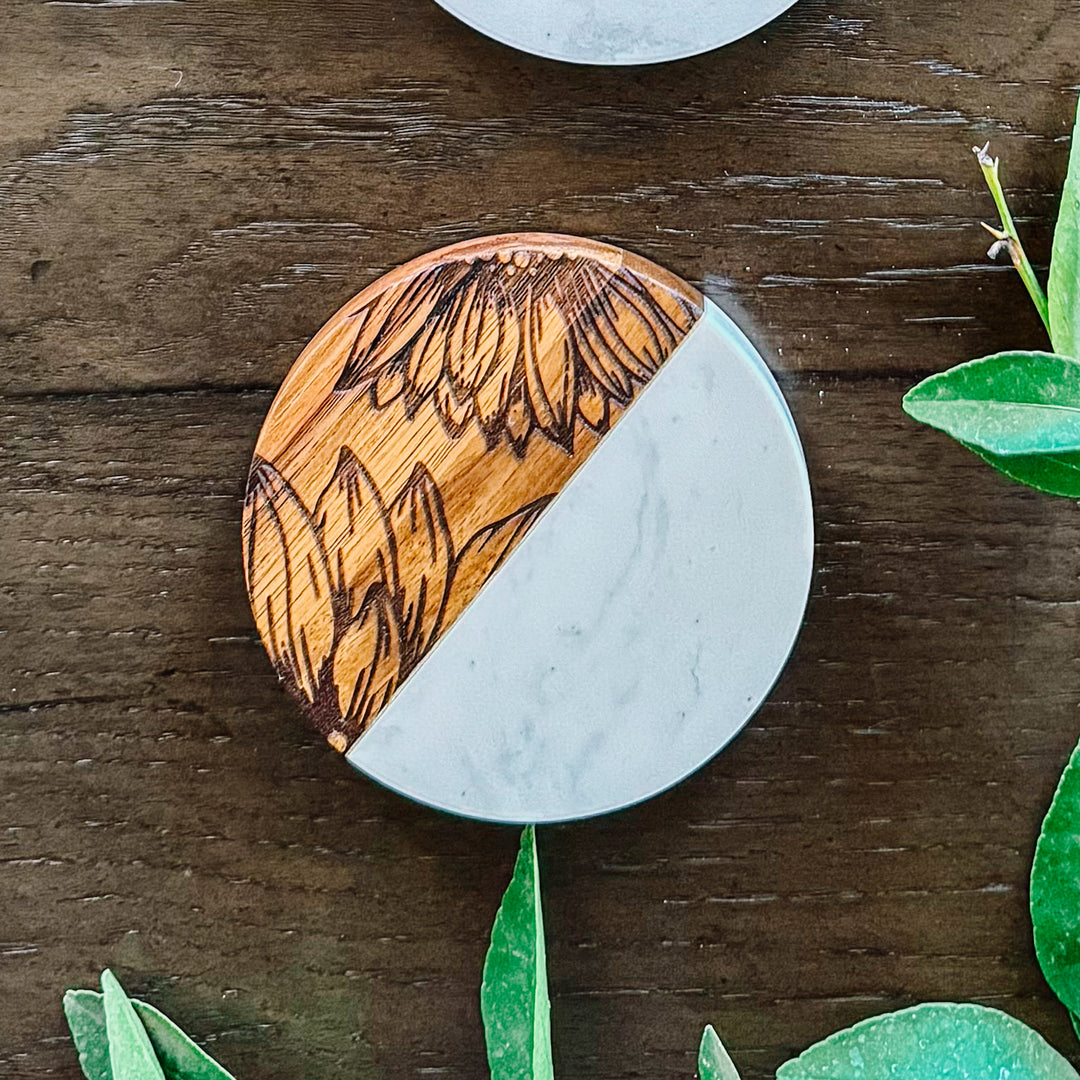 Circle Marble + Acacia Coasters Sunflower