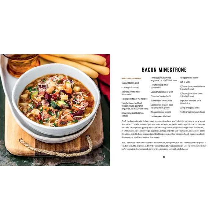 A printed recipe card or cookbook page showing a bowl of Minestrone soup on the left and the &