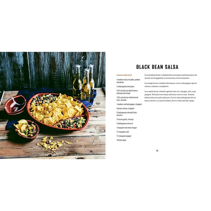 A printed recipe page for Black Bean Salsa, featuring a photograph of prepared salsa with tortilla chips on the left and the recipe text on the right against a mostly white page background.