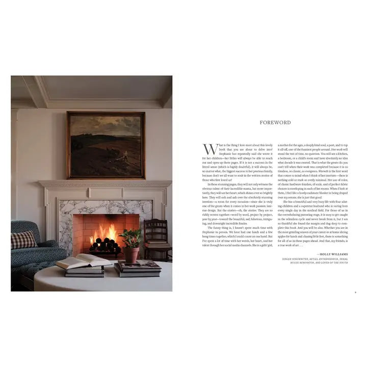 Living room with fireplace and painting, text on the right