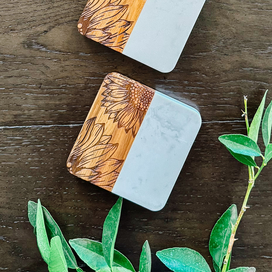 Square Marble + Acacia Coasters Sunflower