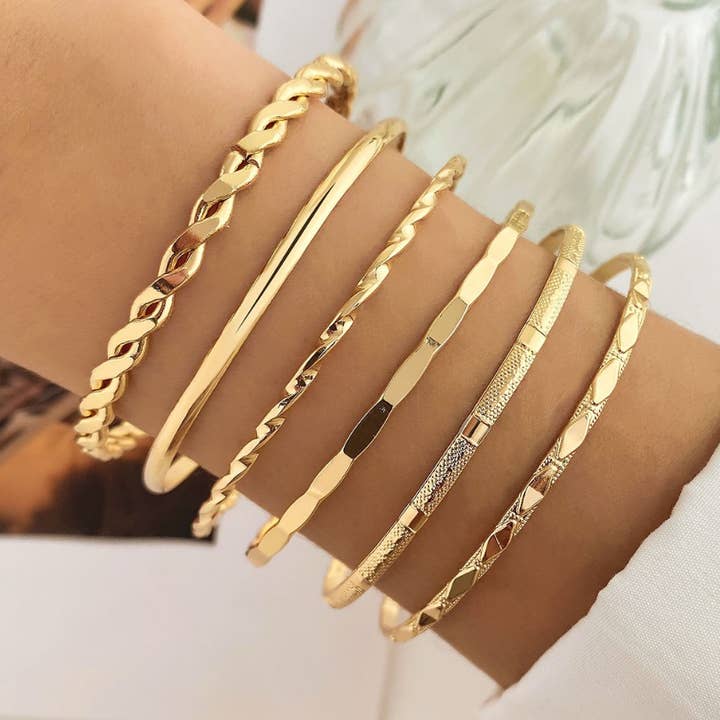 Gold Layered Bangle Set – Mixed Texture Stack