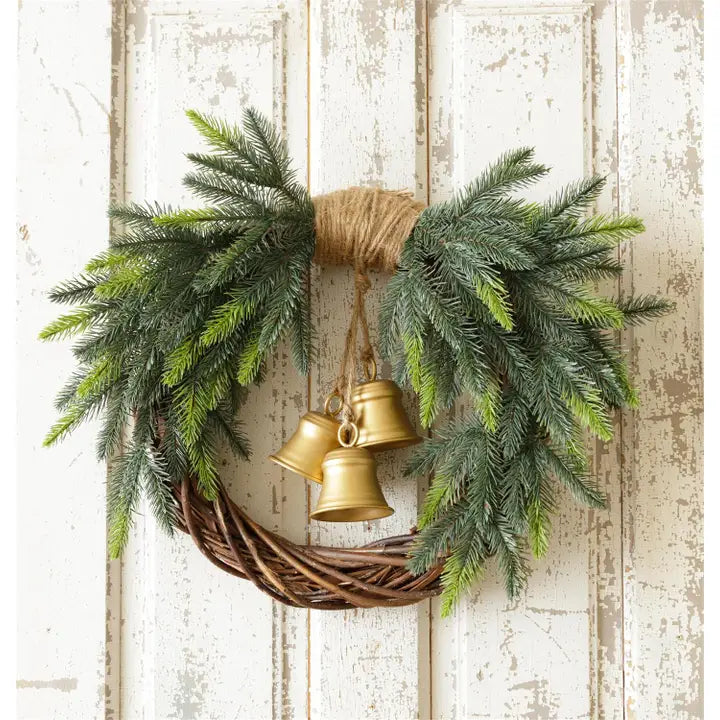 Evergreen and Twig Christmas Wreath with Brass Bells