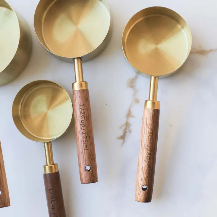Walnut Wood Handle Gold Measuring Cups &amp; Spoons – 4-Piece Sets
