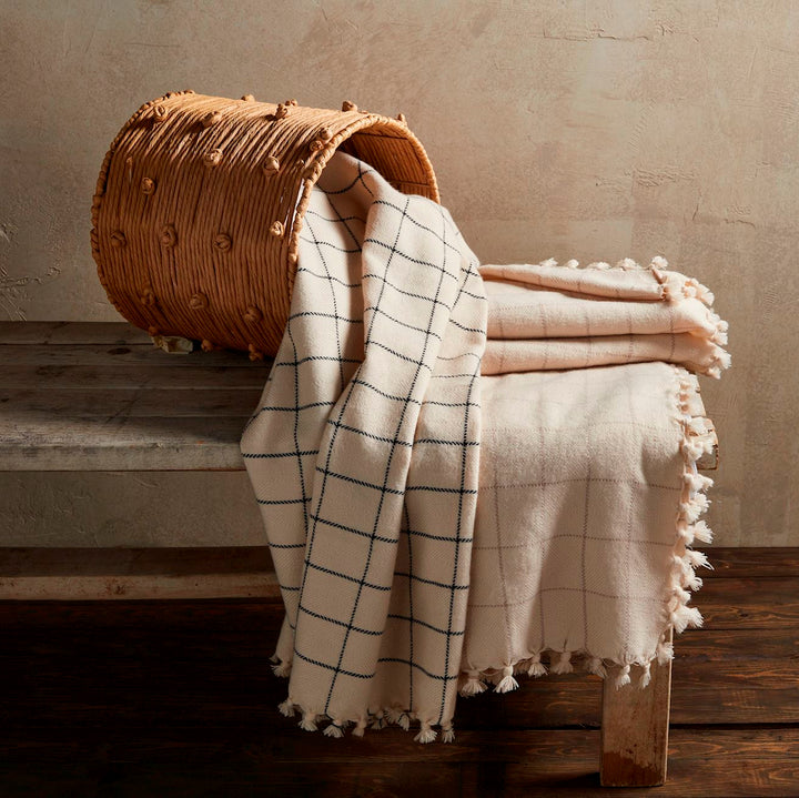 Dark Stripe Check Throw Blanket with Tassel Fringe, 50" x 60"