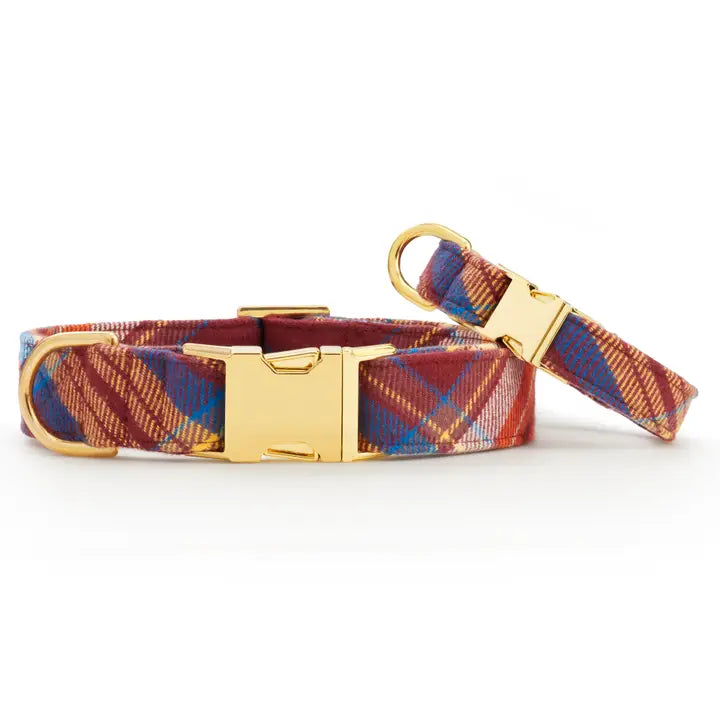 Marlow Plaid Flannel Dog Collar with Gold Hardware