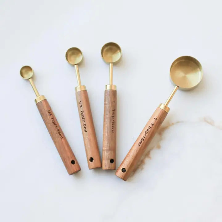 Walnut Wood Handle Gold Measuring Cups &amp; Spoons – 4-Piece Sets