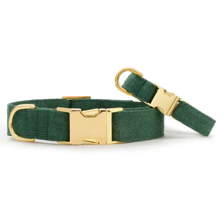 Evergreen Herringbone Dog Collar with Gold Hardware