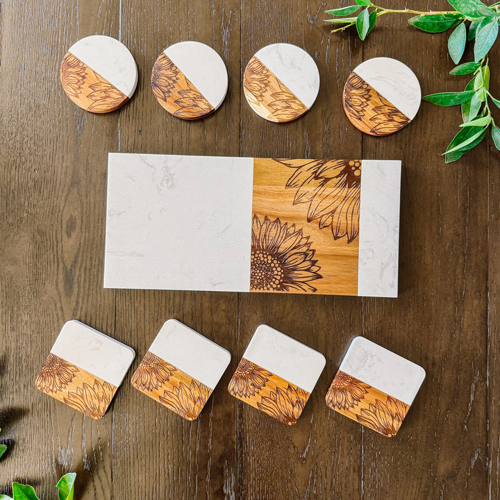 Circle Marble + Acacia Coasters Sunflower