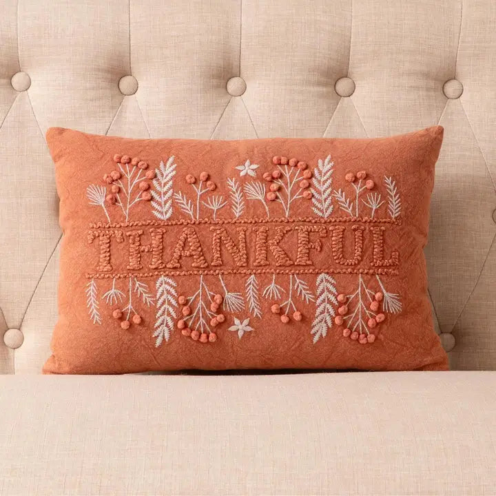 Thankful Embroidered Fall Lumbar Pillow