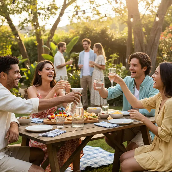 Clear glass beverage carafe used at an outdoor gathering with guests seated around a picnic table.