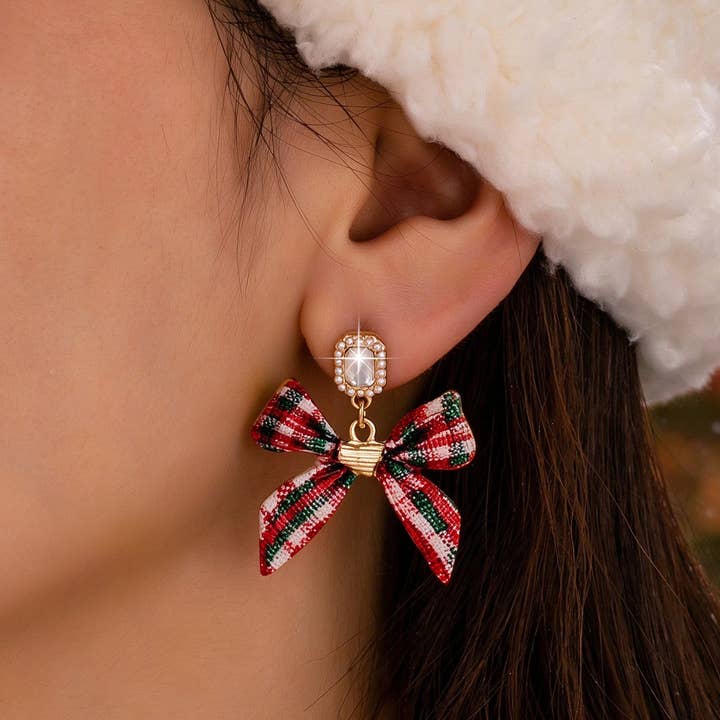 Christmas Plaid Bow Drop Earrings – Clear Rhinestone