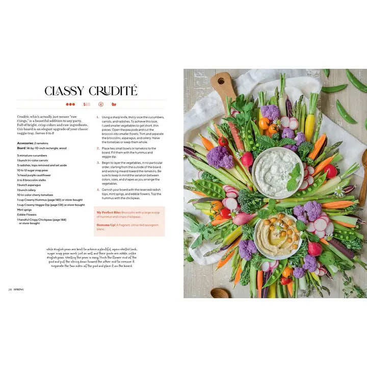 Garnished vegetable platter with dips on a white surface, accompanied by text on the left.