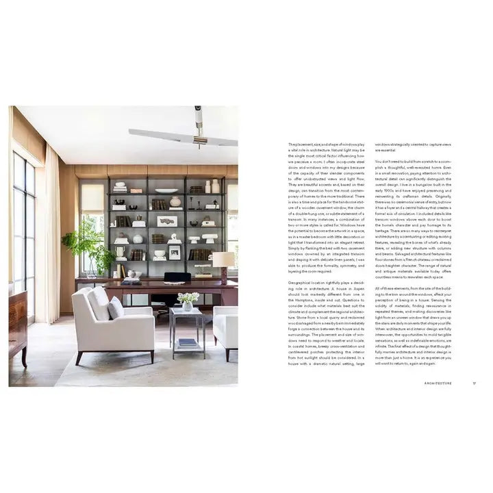 A two-column interior design spread showing a modern office or study room on the left with a large shelving unit, chairs, desk, and windows, and descriptive text on the right.