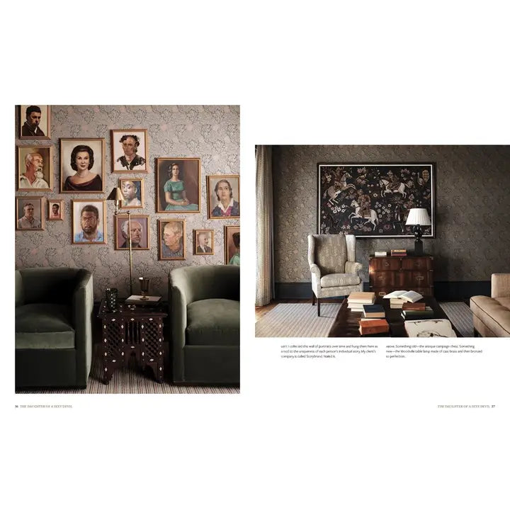 A two-page interior design spread showing a styled room with a large framed multicolor portrait collage on the wall above green armchairs, plus a smaller inset room scene with a matching framed artwork above a sofa. The pages include decorative text and a white margin.