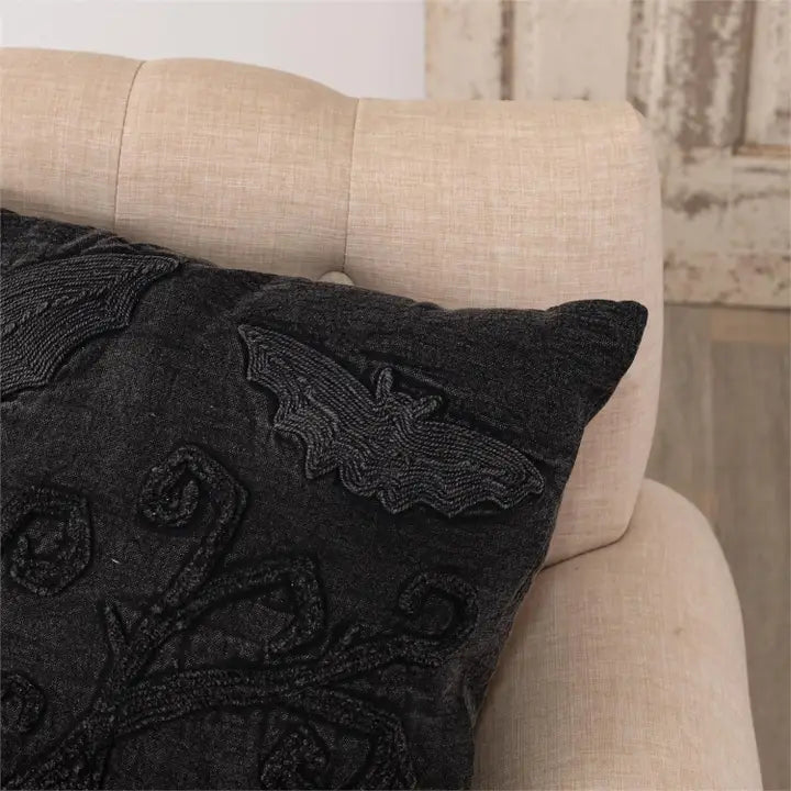 Black Stonewashed Embroidered Halloween Pillow