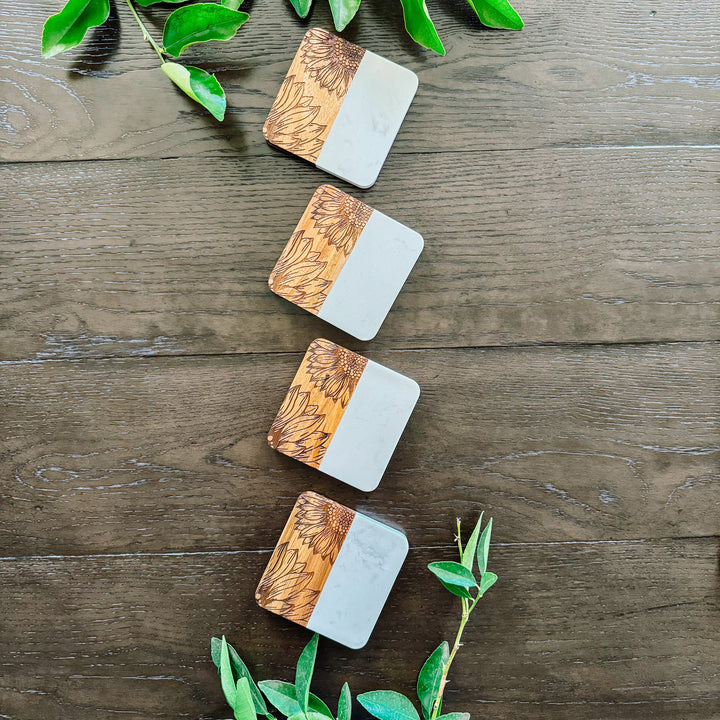 Square Marble + Acacia Coasters Sunflower