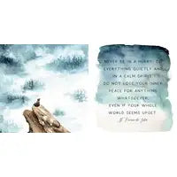 A square art print or card featuring a split design: the left side shows a misty blue and white landscape with a small bird perched on a rock, and the right side contains a watercolor-style quote in black text on a pale blue background.