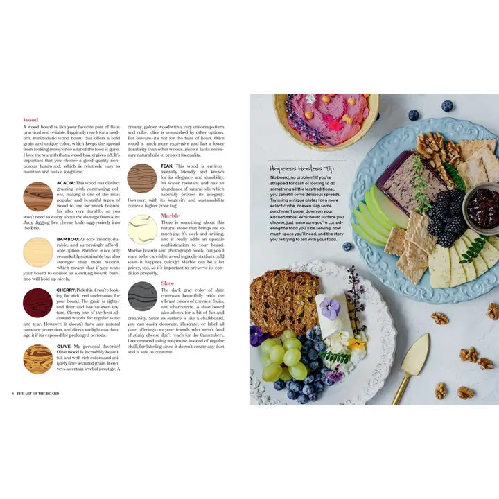Magazine spread with a food platter and color swatches on a white background