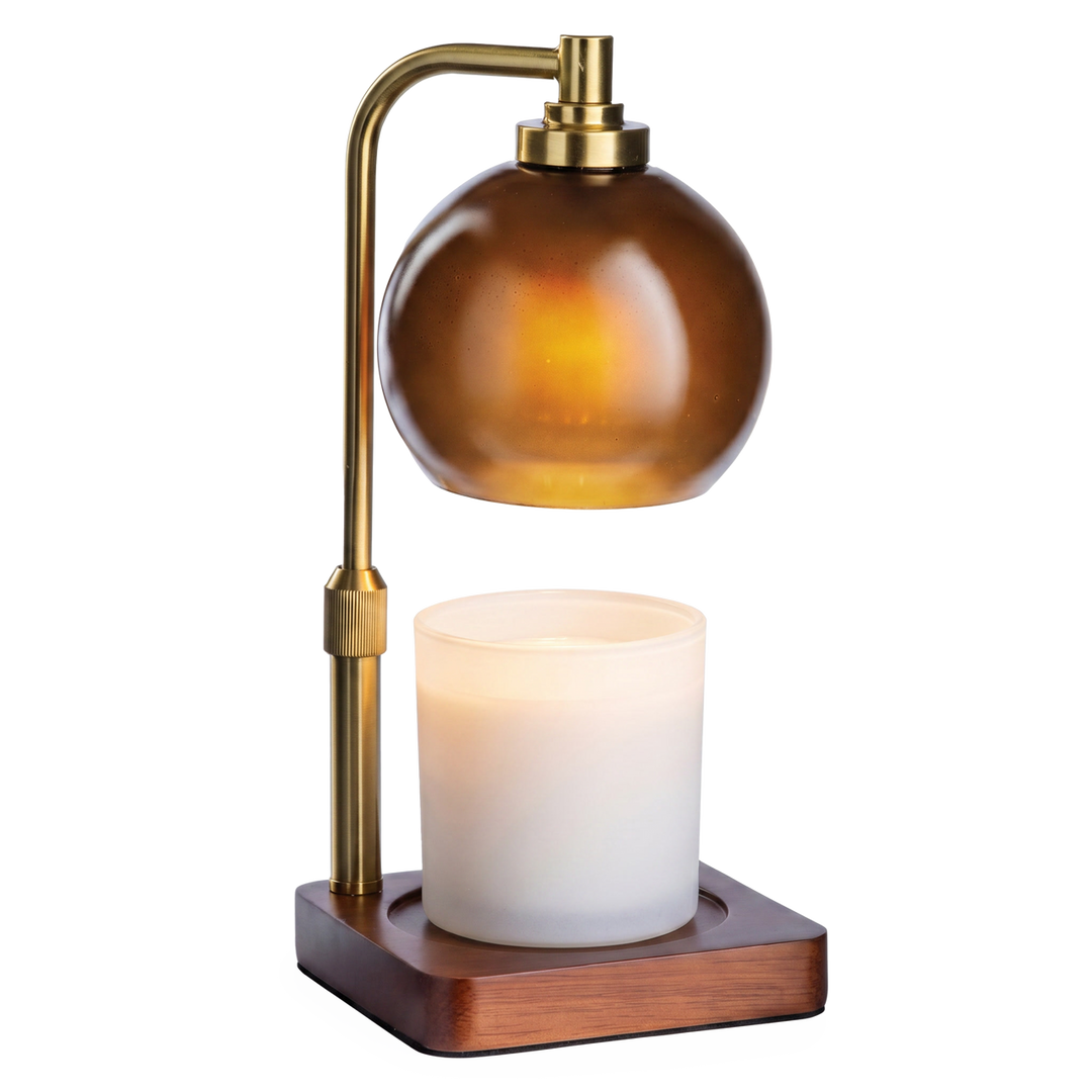 Amber Sphere Glass Candle Warmer Lamp with Wood Base