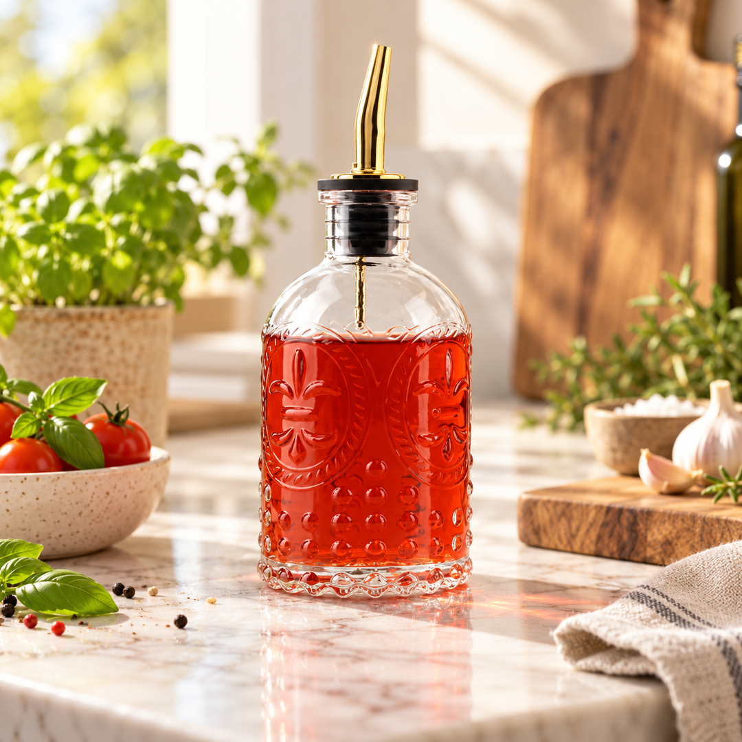 Ornate embossed glass oil and vinegar dispenser with floral detailing and gold pour spout styled in a sunlit kitchen with tomatoes, basil, and garlic.