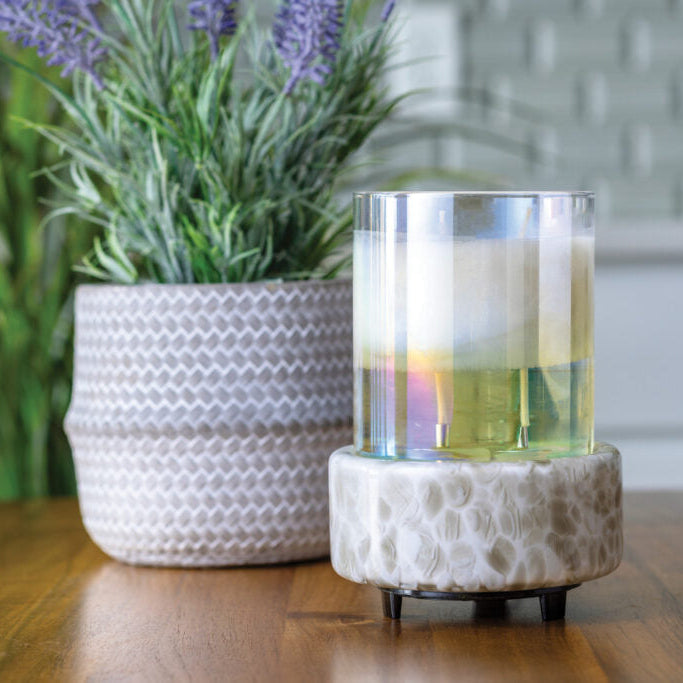 Candle in a decorative holder with a plant on a wooden surface