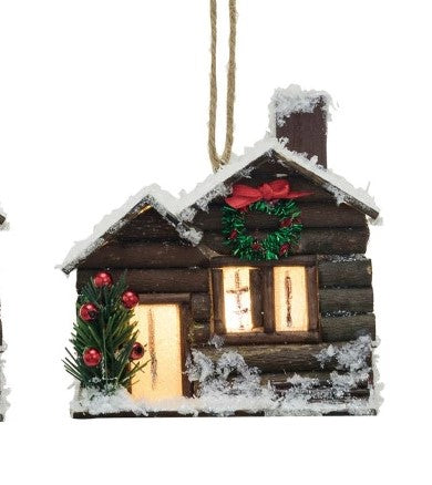 Wood Cabin Ornaments with LED Lights