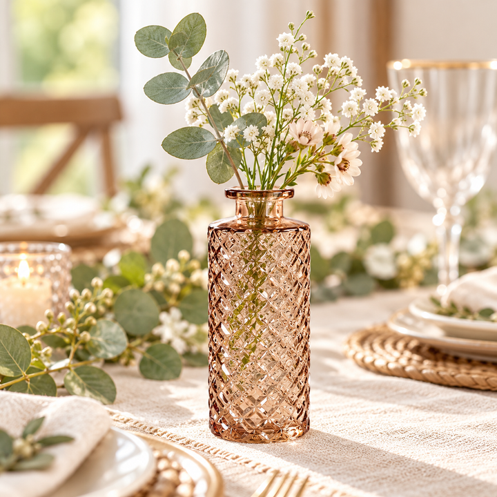 Champagne Amber textured glass bud vase with eucalyptus and delicate white flowers styled on an elegant neutral tablescape.