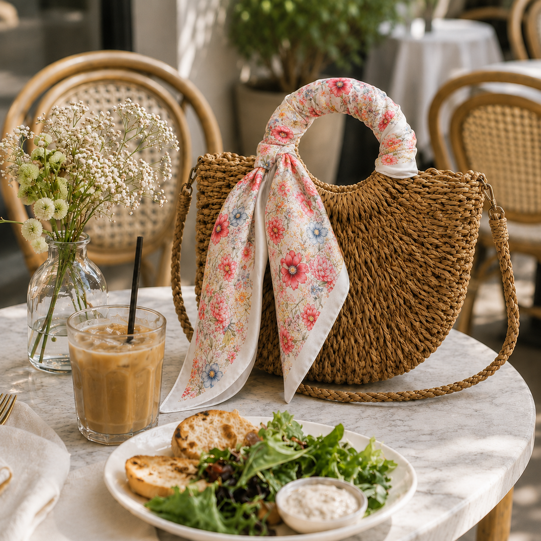 Woven bag with floral scarf on a table with a salad and iced coffee.