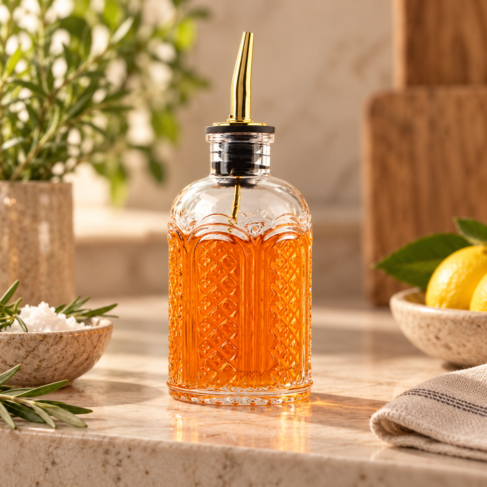 Decorative clear glass oil and vinegar dispenser with diamond-cut texture and gold pour spout styled in a warm kitchen with lemons and herbs.