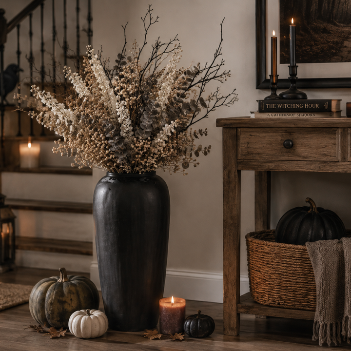 A styled autumn interior scene with a large black vase holding dried cream and tan botanical stems, placed beside a rustic wooden console table with candles, pumpkins, a basket, and a throw blanket.