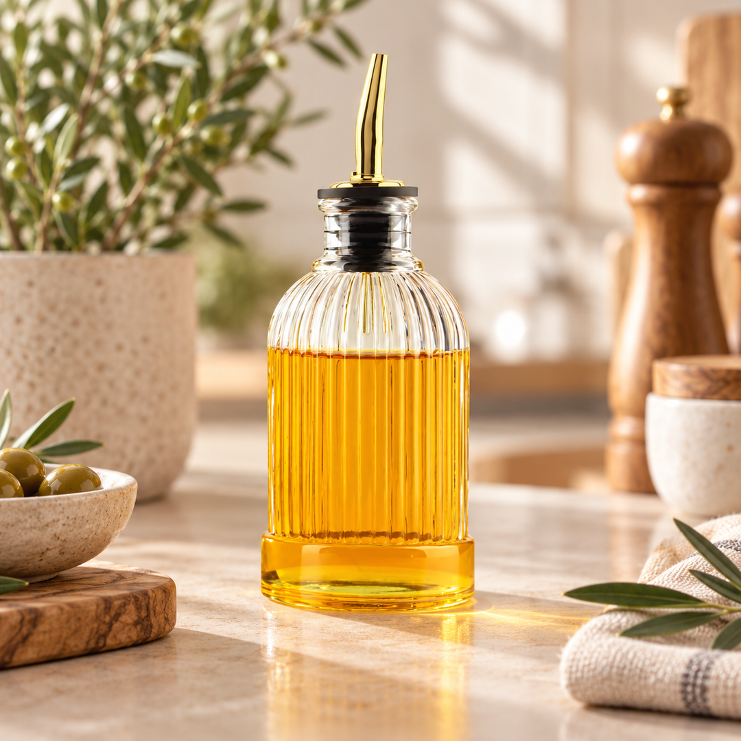 Fluted clear glass oil and vinegar dispenser with gold pour spout styled on a sunlit kitchen counter with olives and natural greenery.