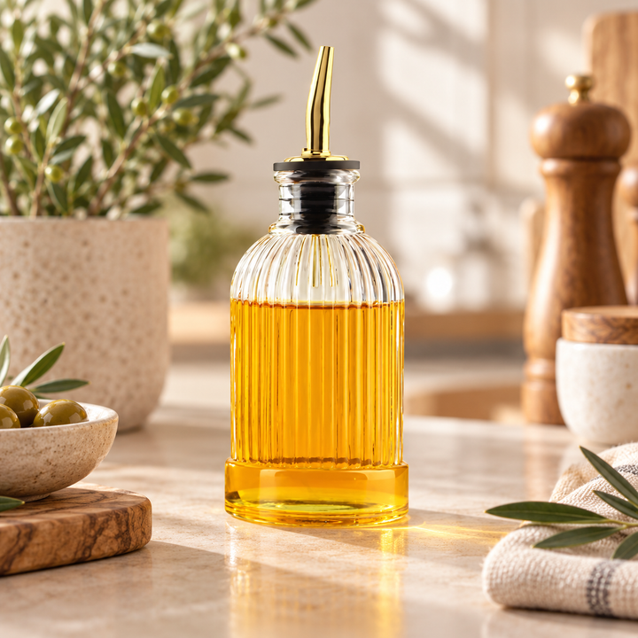 Fluted clear glass oil and vinegar dispenser with gold pour spout styled on a sunlit kitchen counter with olives and natural greenery.
