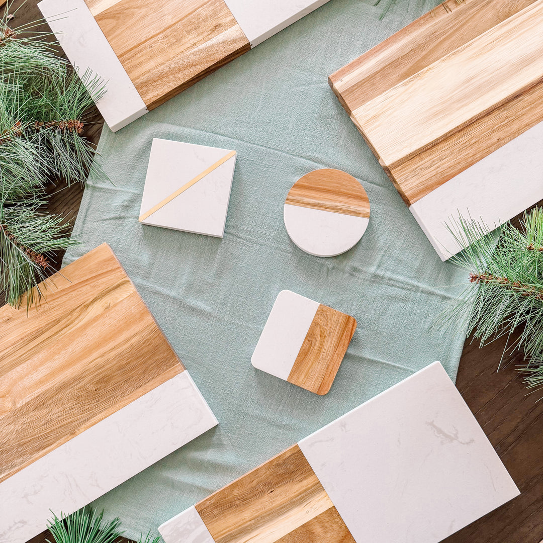 Marble + Acacia Serving Board, 14" x 10"