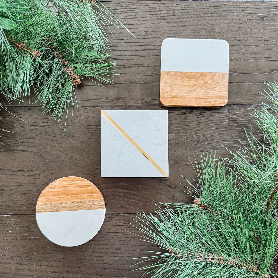 Square Marble + Acacia Coasters