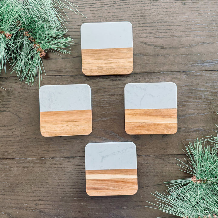 Square Marble + Acacia Coasters