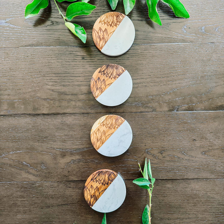 Circle Marble + Acacia Coasters Sunflower