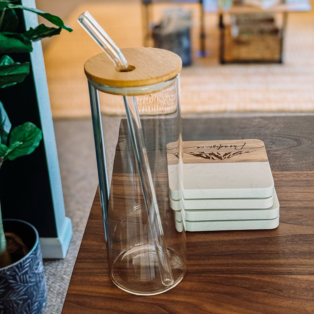 26 oz Glass Tumbler with Bamboo Lid + Glass Straw