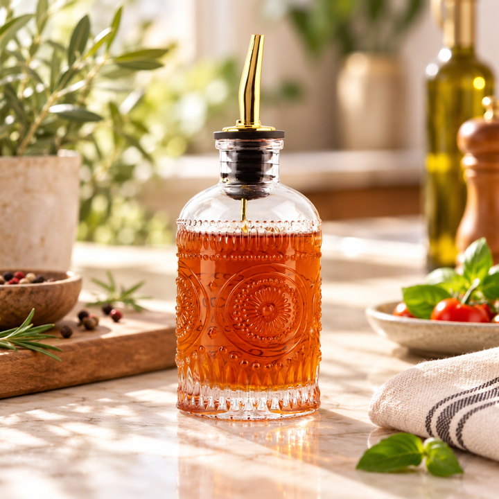 Vintage-inspired embossed glass oil and vinegar dispenser with circular medallion design and gold pour spout on a bright kitchen countertop.